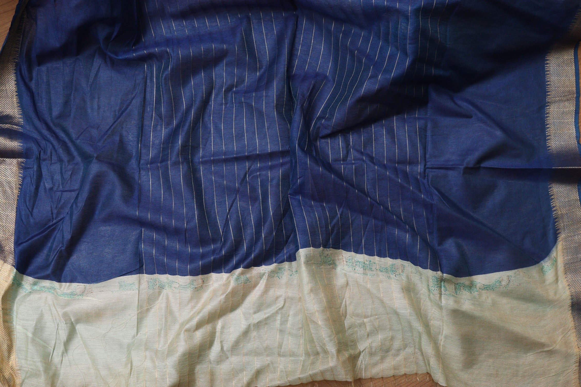 Elegant Cream And Blue Kalamkari Cotton Silk Saree - Luxurion World