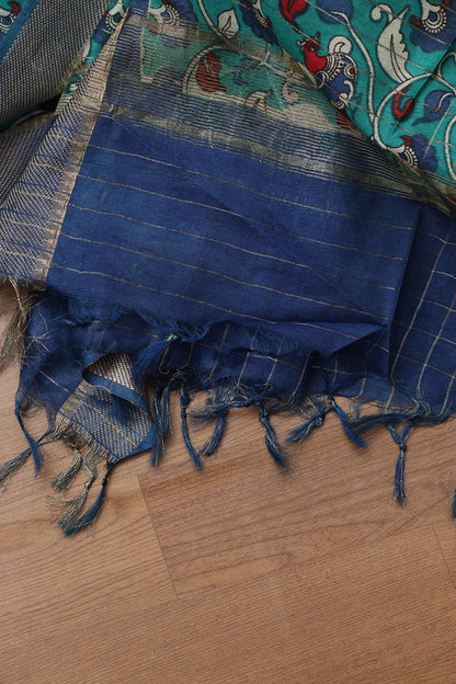 Elegant Cream And Blue Kalamkari Cotton Silk Saree - Luxurion World