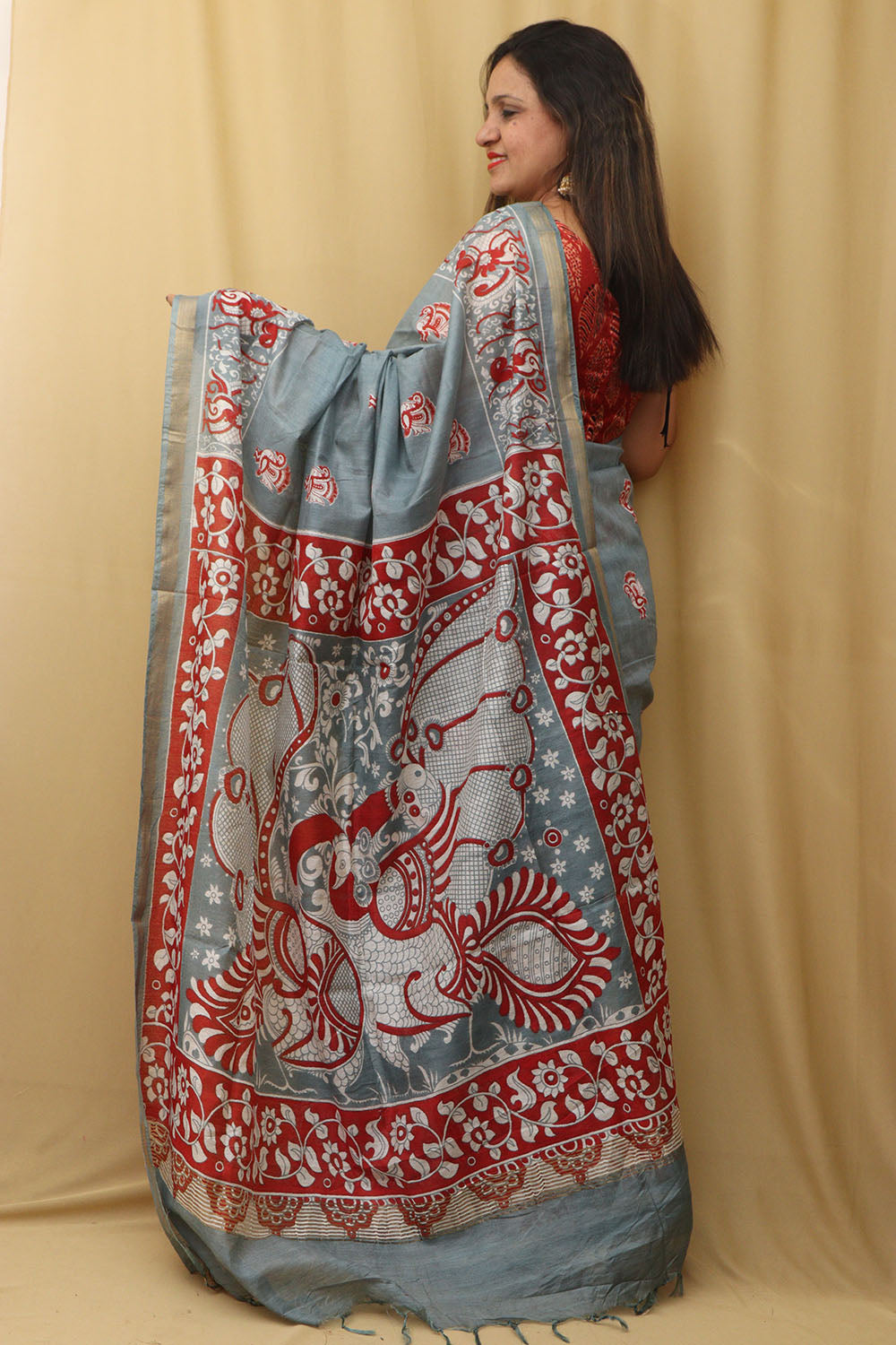 Elegant Grey Kalamkari Cotton  Silk Saree - Luxurion World