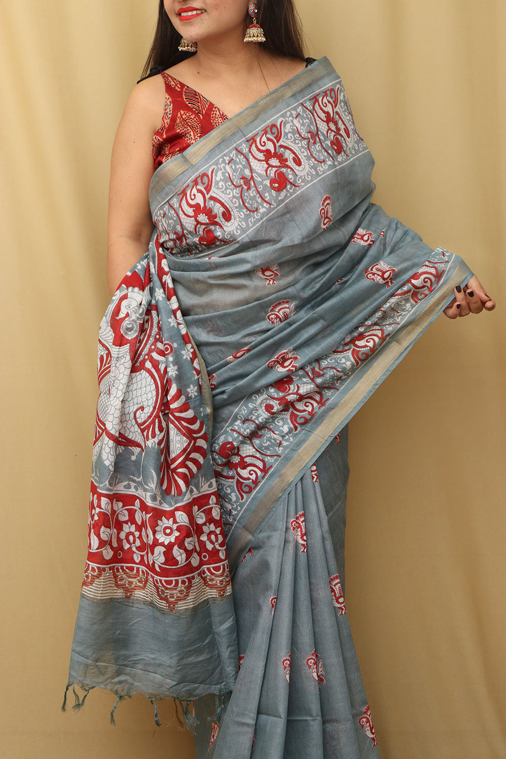 Elegant Grey Kalamkari Cotton  Silk Saree - Luxurion World