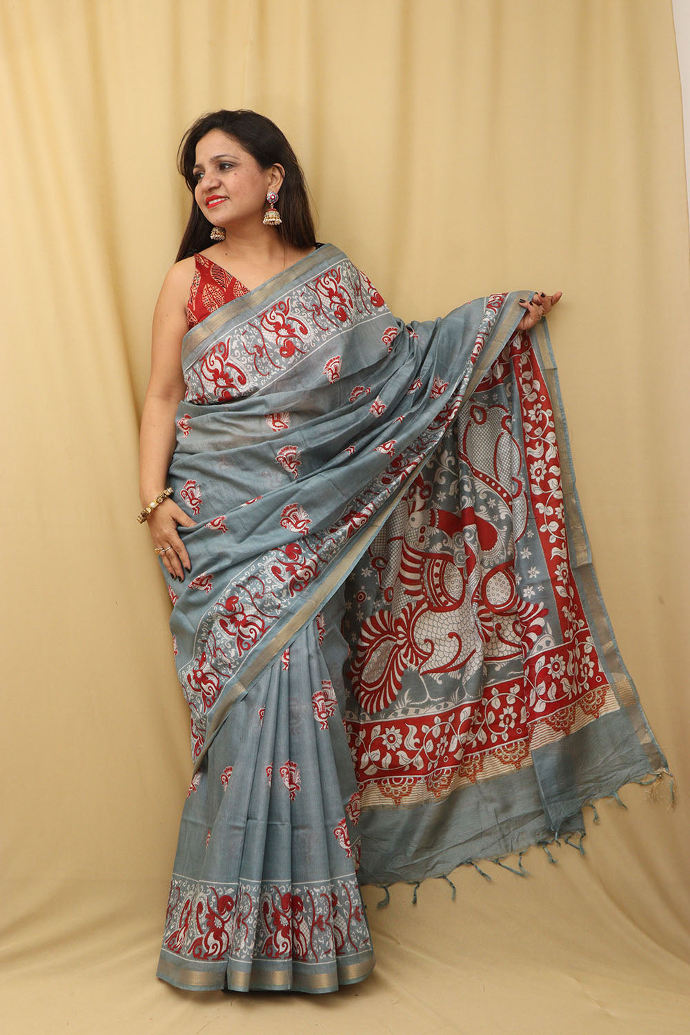 Elegant Grey Kalamkari Cotton  Silk Saree - Luxurion World