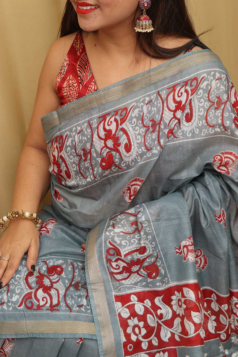 Elegant Grey Kalamkari Cotton  Silk Saree - Luxurion World