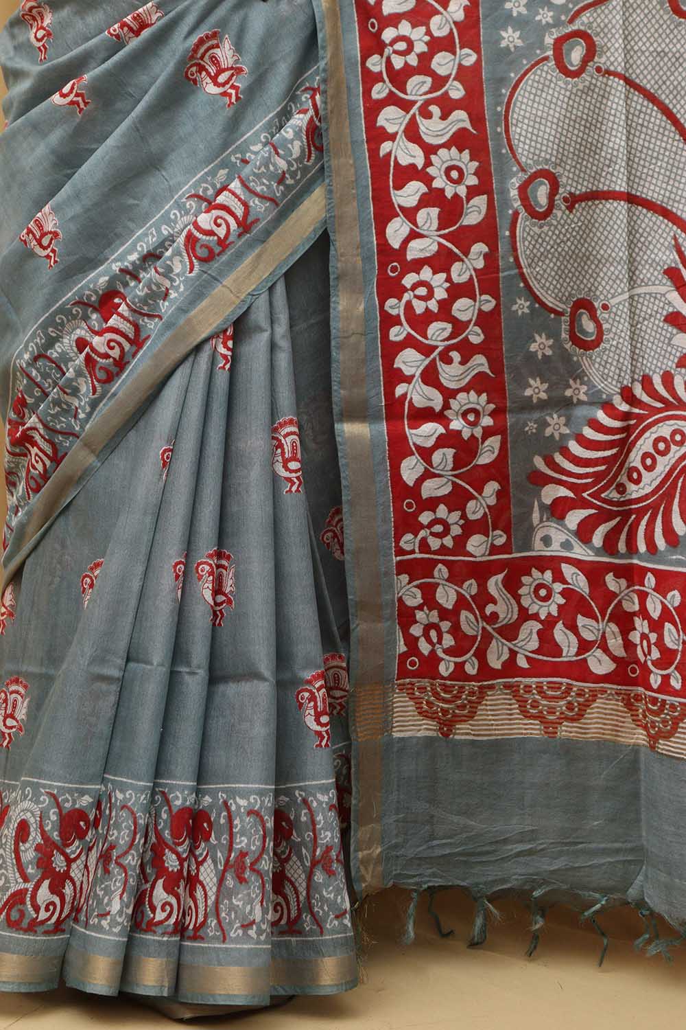 Elegant Grey Kalamkari Cotton  Silk Saree - Luxurion World