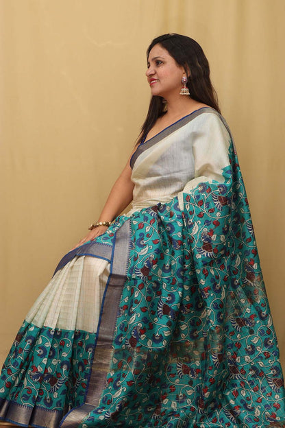 Blue Kalamkari Cotton Silk Saree: Elegant Digital Print - Luxurion World