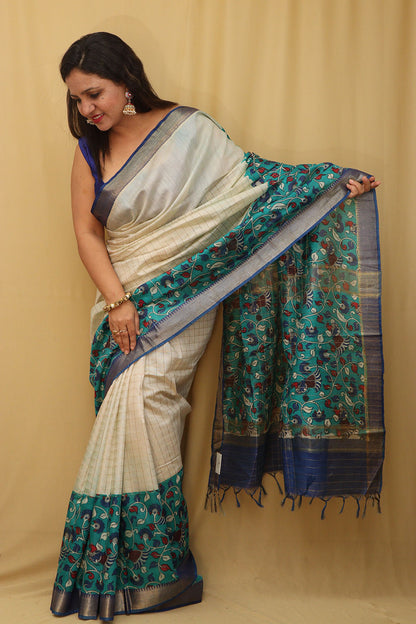 Blue Kalamkari Cotton Silk Saree: Elegant Digital Print - Luxurion World