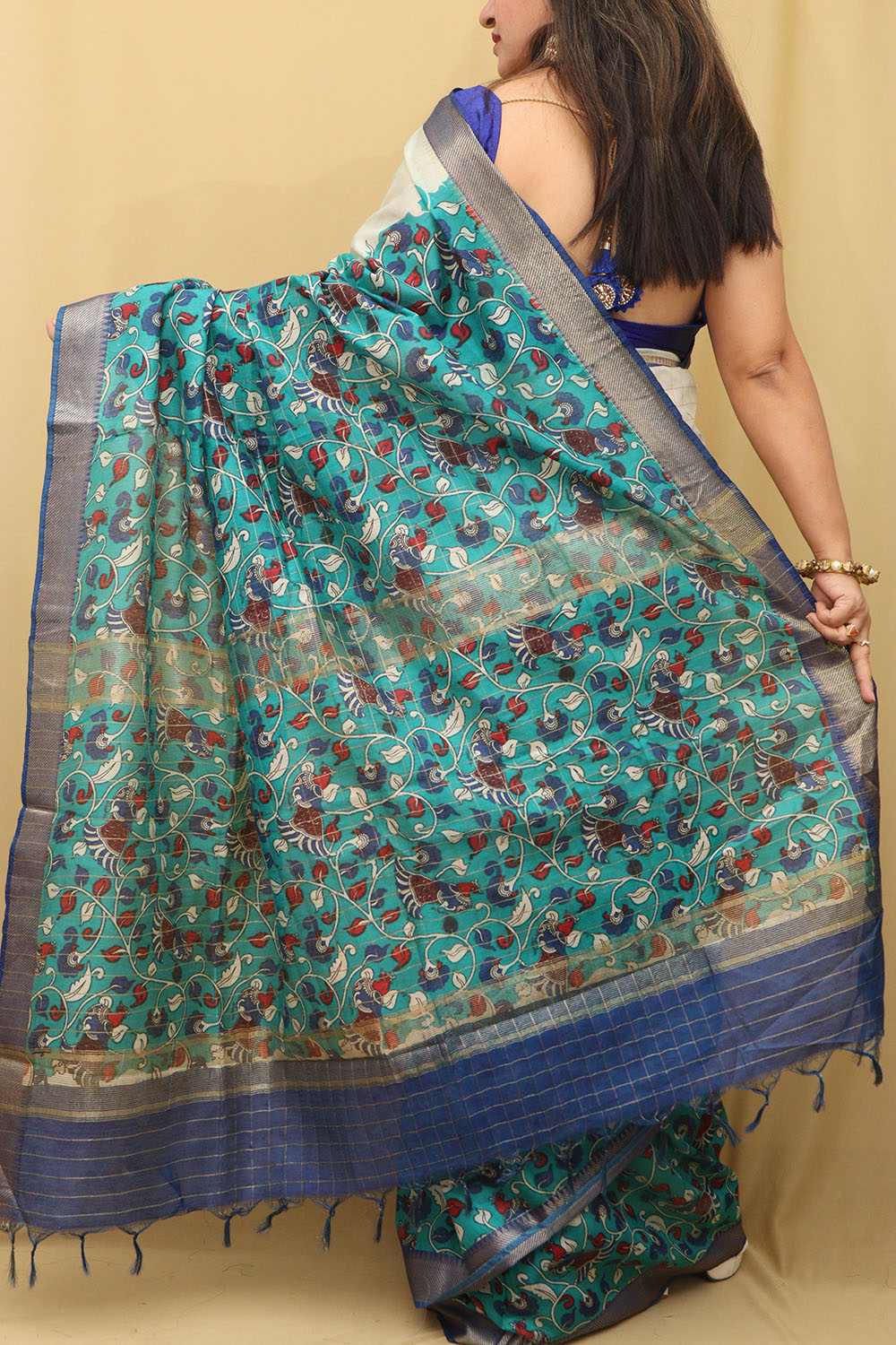 Blue Kalamkari Cotton Silk Saree: Elegant Digital Print - Luxurion World