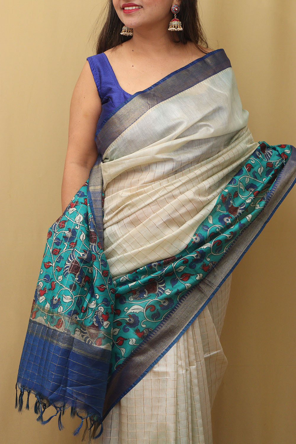 Blue Kalamkari Cotton Silk Saree: Elegant Digital Print - Luxurion World