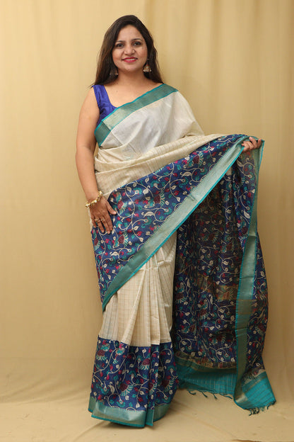 Blue Kalamkari Digital Printed Silk Saree - Luxurion World