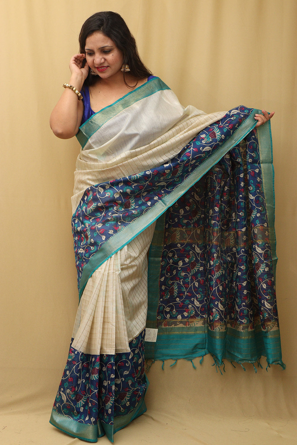 Blue Kalamkari Digital Printed Silk Saree - Luxurion World