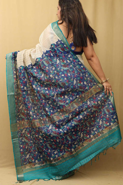 Blue Kalamkari Digital Printed Silk Saree - Luxurion World