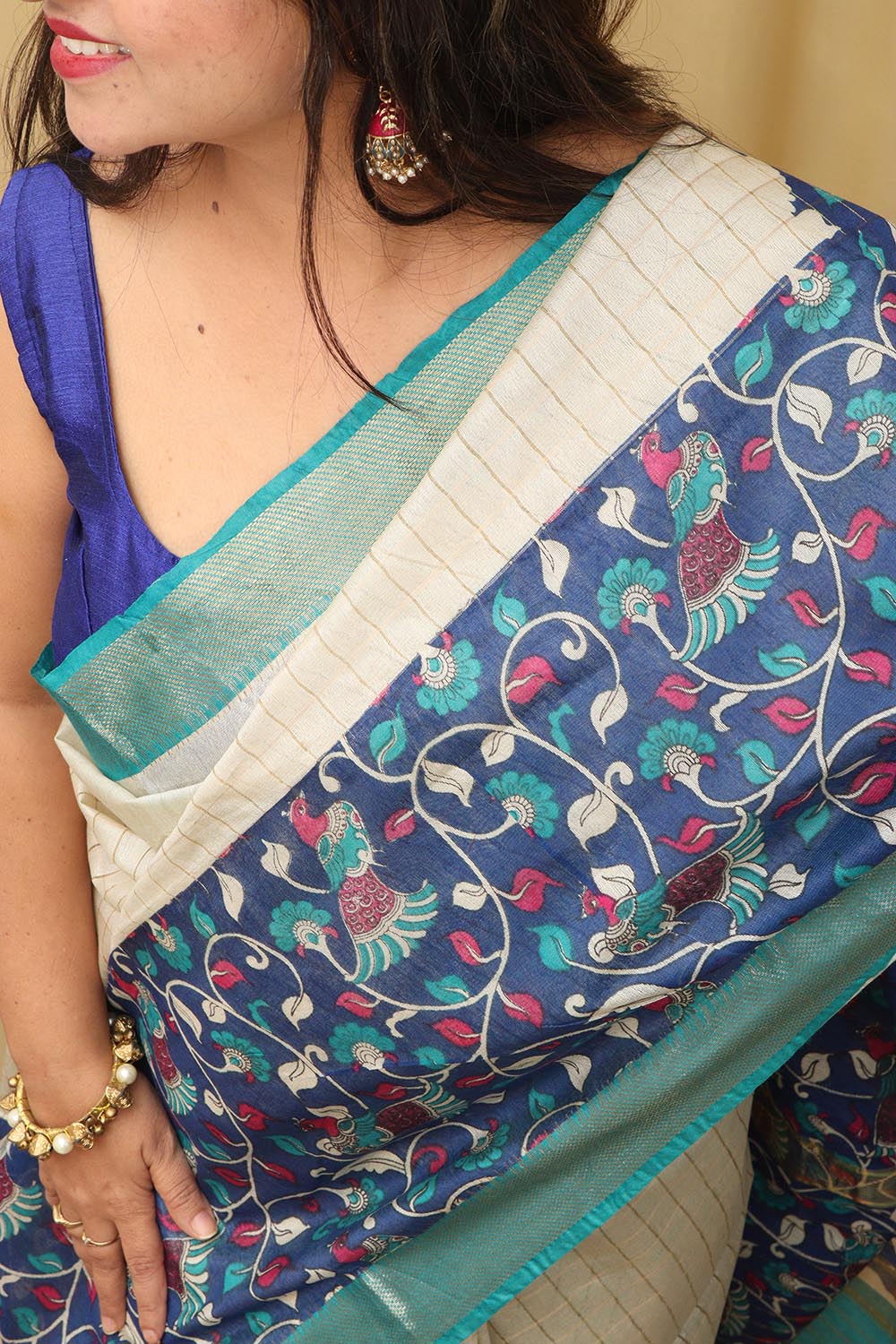 Blue Kalamkari Digital Printed Silk Saree - Luxurion World