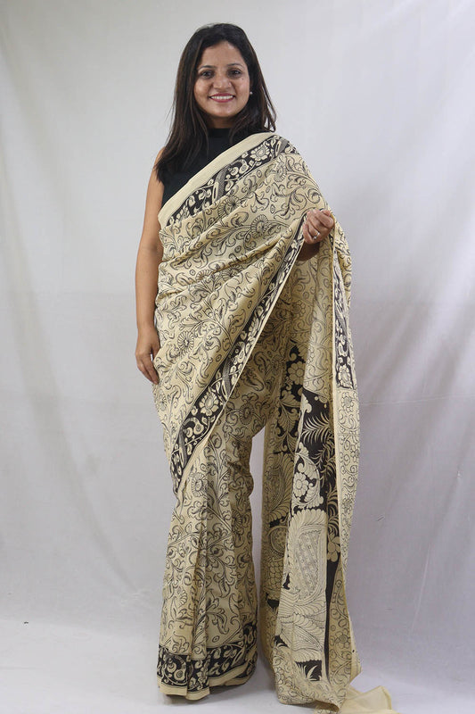 Hand-Painted Kalamkari Chennur Silk Saree: Stunning Black & White Elegance
