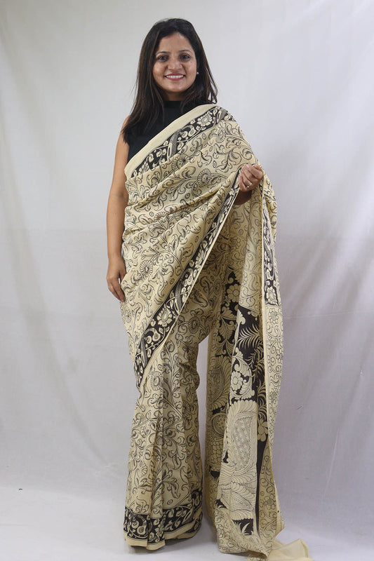 Hand-Painted Kalamkari Chennur Silk Saree: Stunning Black & White Elegance - Luxurion World
