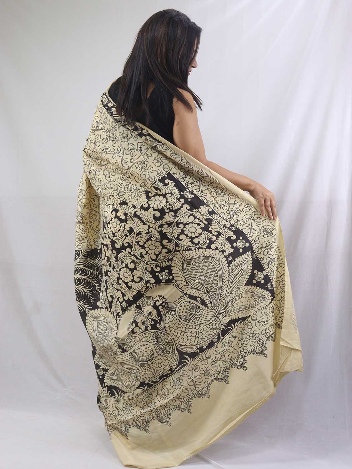Hand-Painted Kalamkari Chennur Silk Saree: Stunning Black & White Elegance - Luxurion World