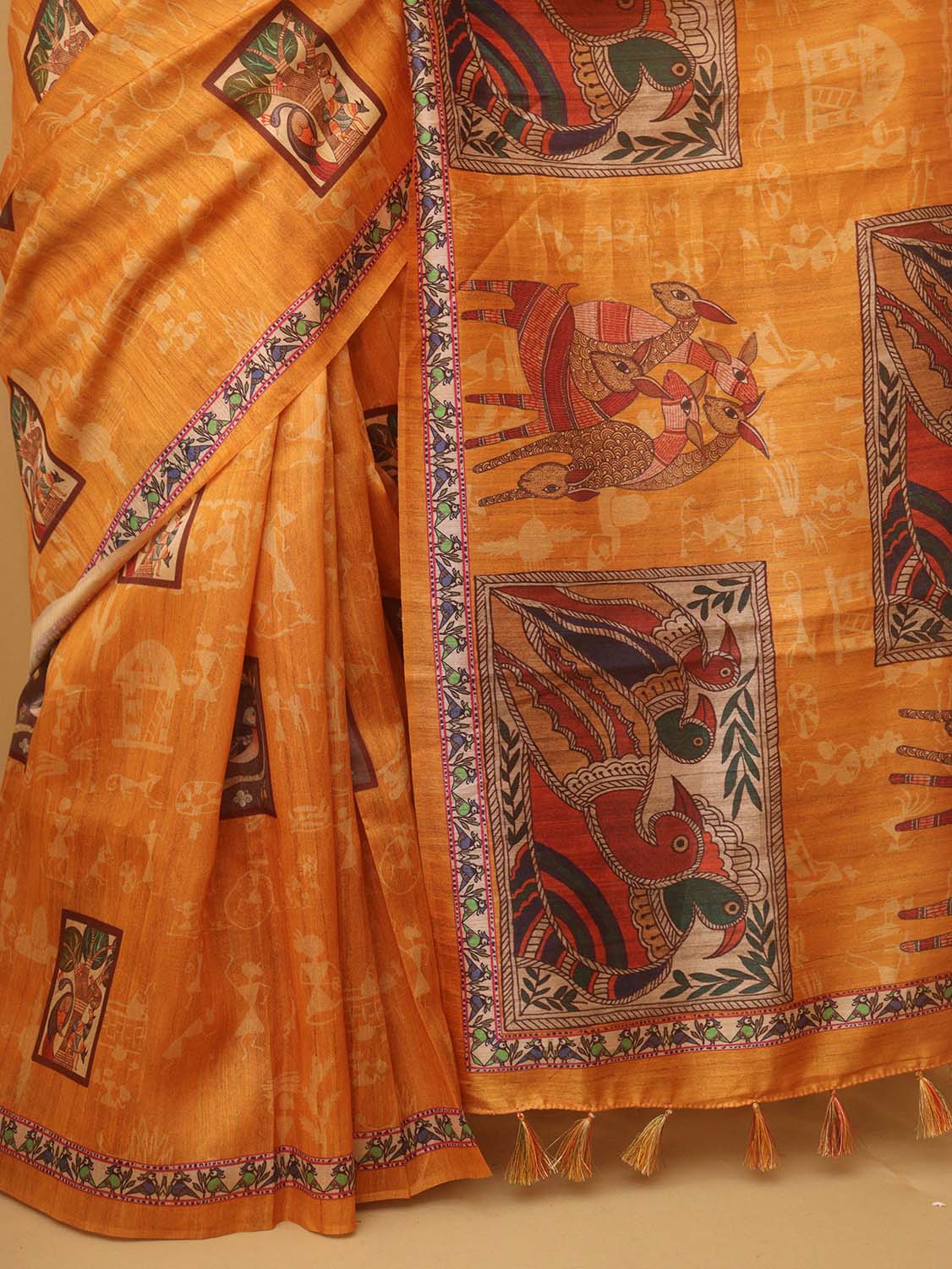 Yellow Kalamkari Print Semi Tussar Silk Saree - Luxurion World