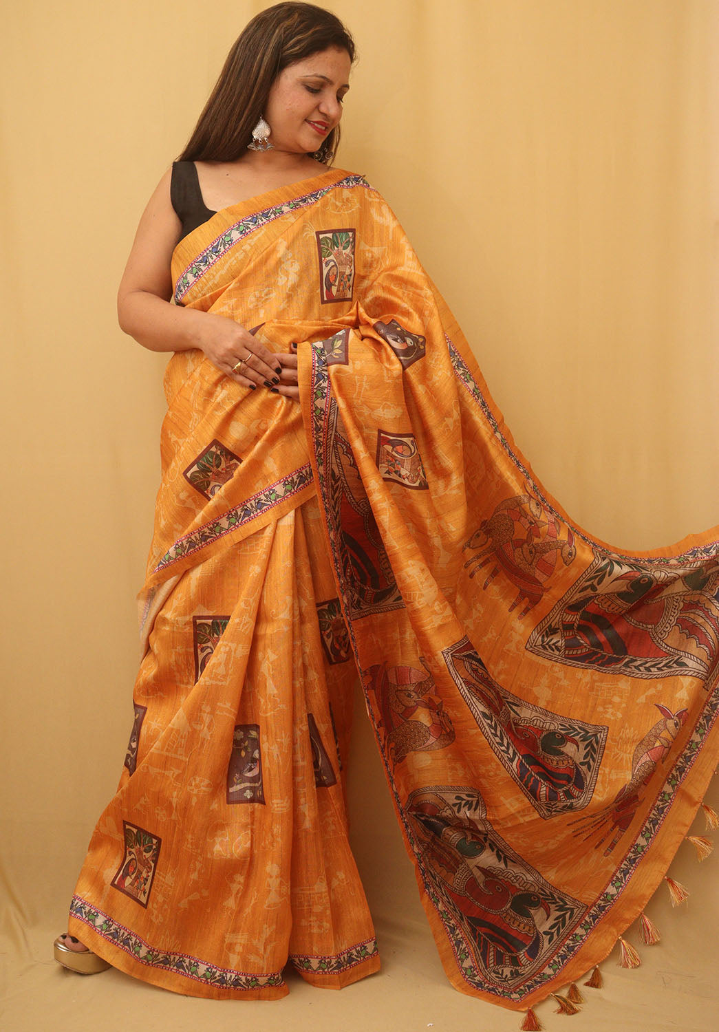 Yellow Kalamkari Print Semi Tussar Silk Saree - Luxurion World
