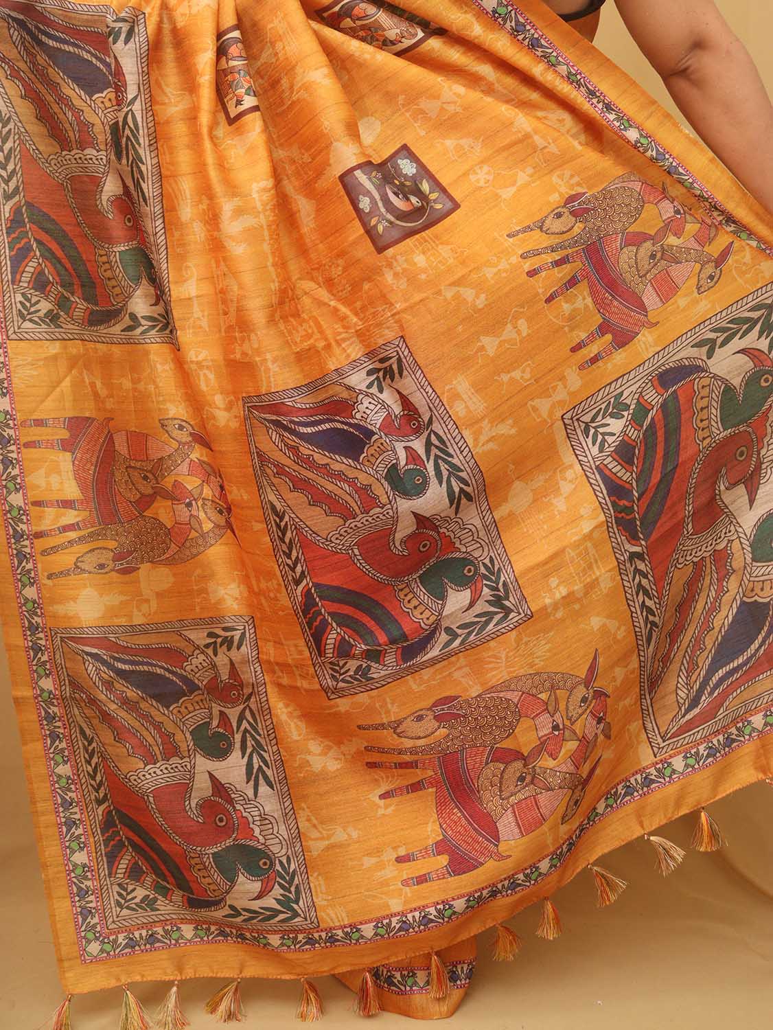 Yellow Kalamkari Print Semi Tussar Silk Saree - Luxurion World