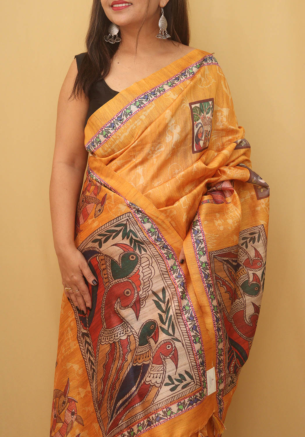 Yellow Kalamkari Print Semi Tussar Silk Saree - Luxurion World