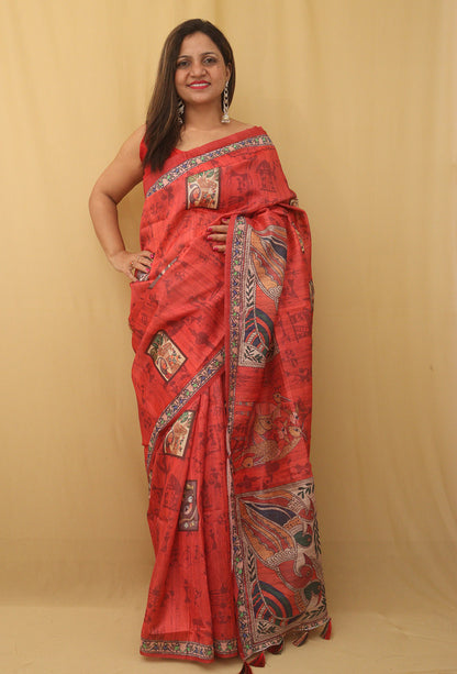 Red Kalamkari Print Semi Tussar Silk Saree - Luxurion World