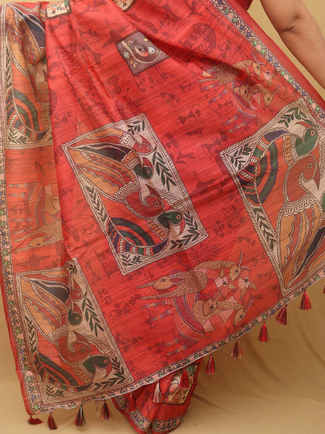 Red Kalamkari Print Semi Tussar Silk Saree - Luxurion World
