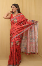 Red Kalamkari Print Semi Tussar Silk Saree - Luxurion World