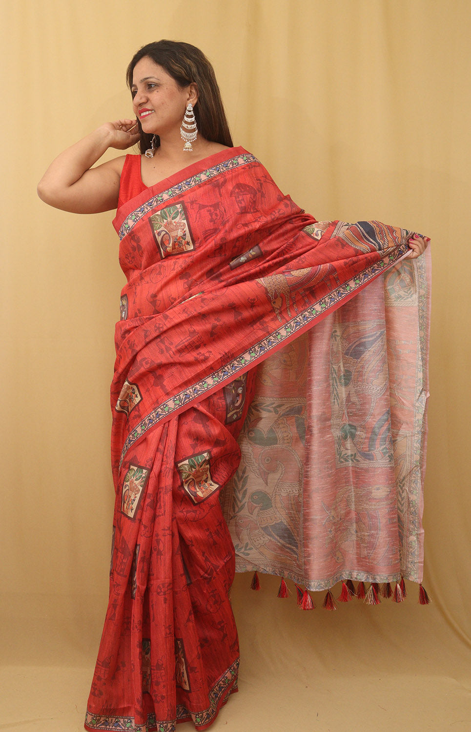 Red Kalamkari Print Semi Tussar Silk Saree - Luxurion World