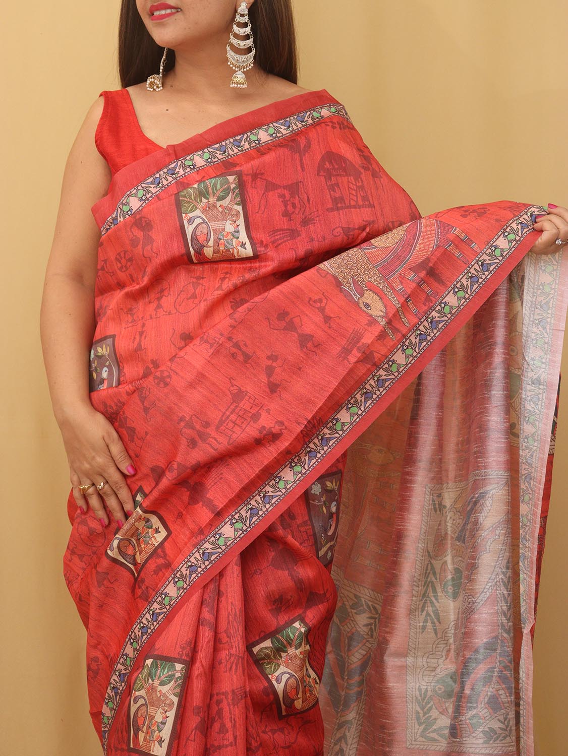 Red Kalamkari Print Semi Tussar Silk Saree - Luxurion World