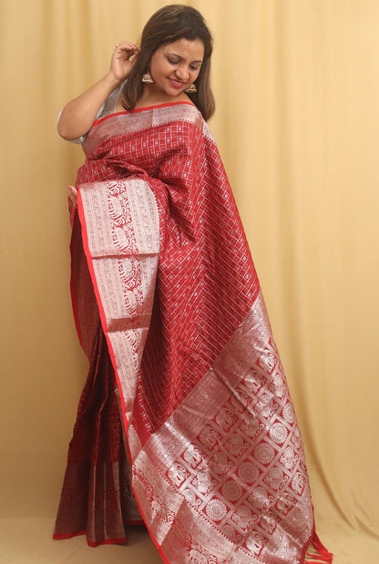 Elegant Maroon Kanjeevaram Silk Checks Design Saree - Luxurion World