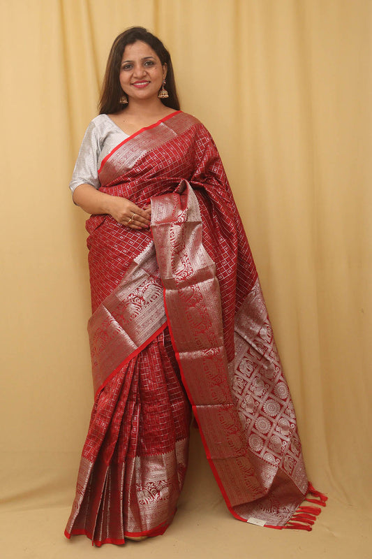 Elegant Maroon Kanjeevaram Silk Checks Design Saree - Luxurion World