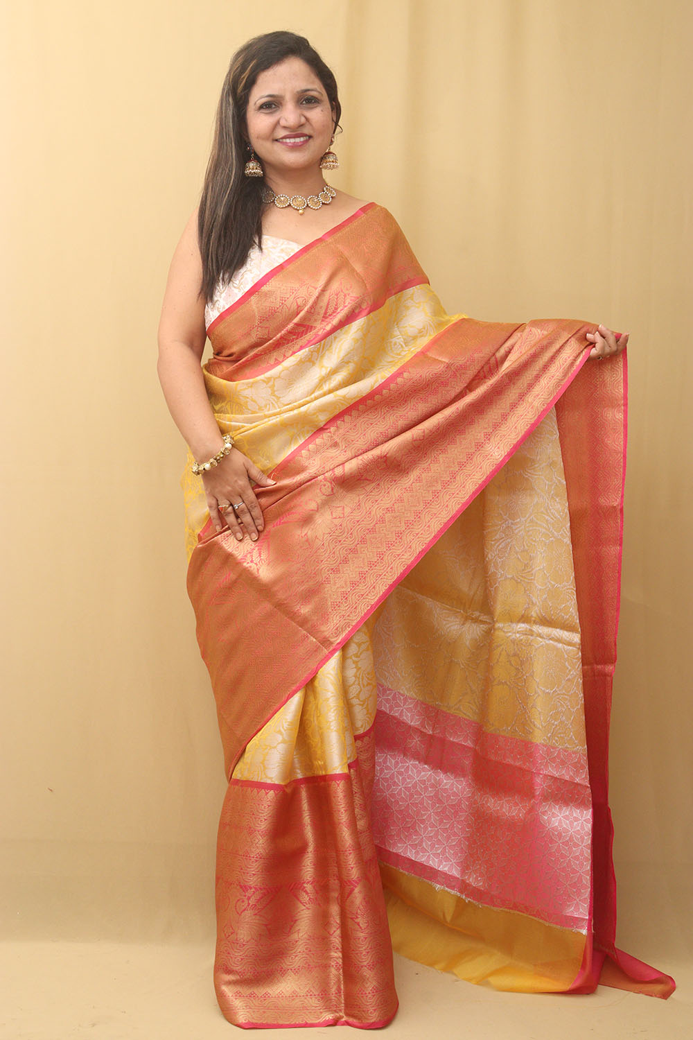 1 Min Ready To Wear - Yellow Kanjeevaram Silk Saree - Luxurion World