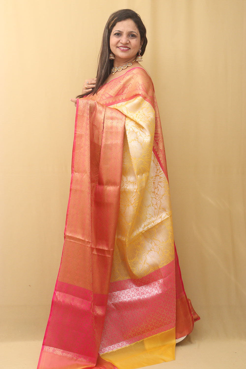 1 Min Ready To Wear - Yellow Kanjeevaram Silk Saree - Luxurion World