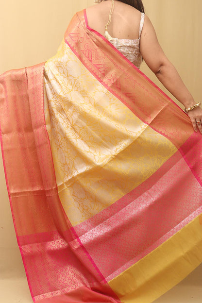 1 Min Ready To Wear - Yellow Kanjeevaram Silk Saree - Luxurion World