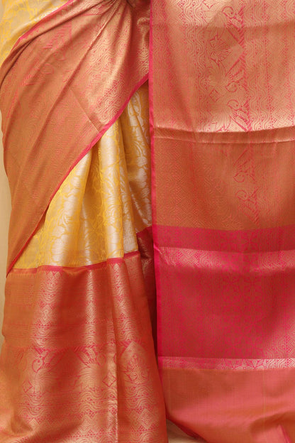 1 Min Ready To Wear - Yellow Kanjeevaram Silk Saree - Luxurion World
