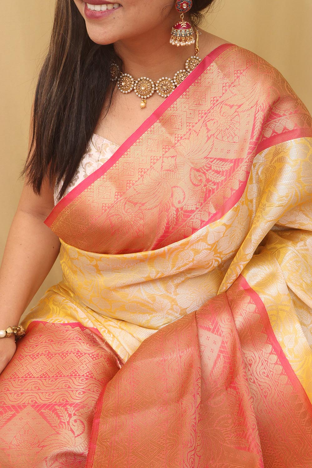 1 Min Ready To Wear - Yellow Kanjeevaram Silk Saree - Luxurion World