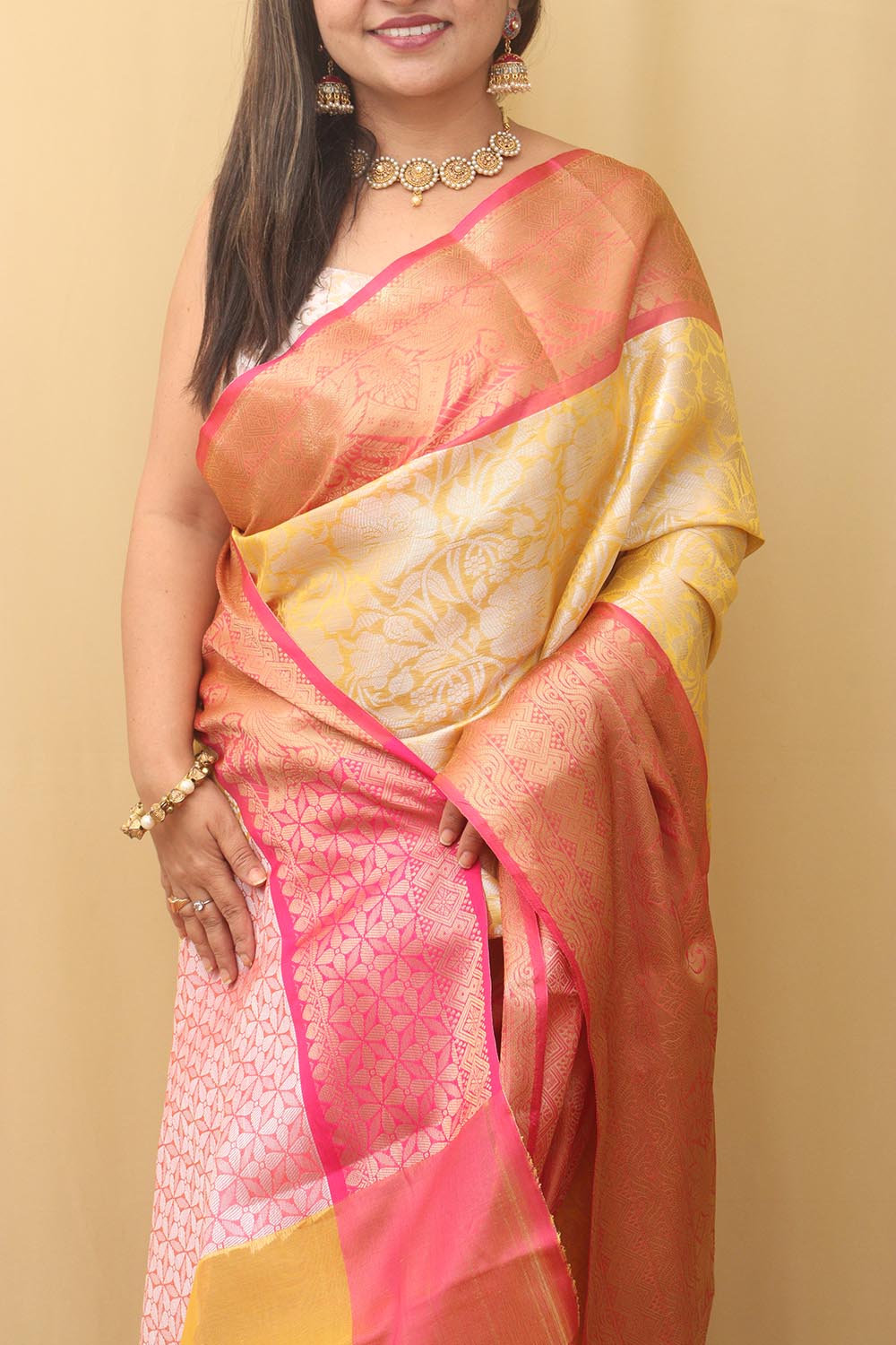 1 Min Ready To Wear - Yellow Kanjeevaram Silk Saree - Luxurion World