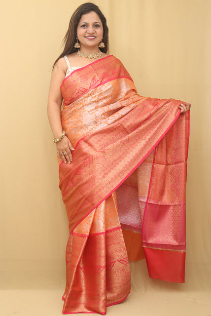 1 Min ready To Wear - Orange Kanjeevaram Silk Saree - Luxurion World