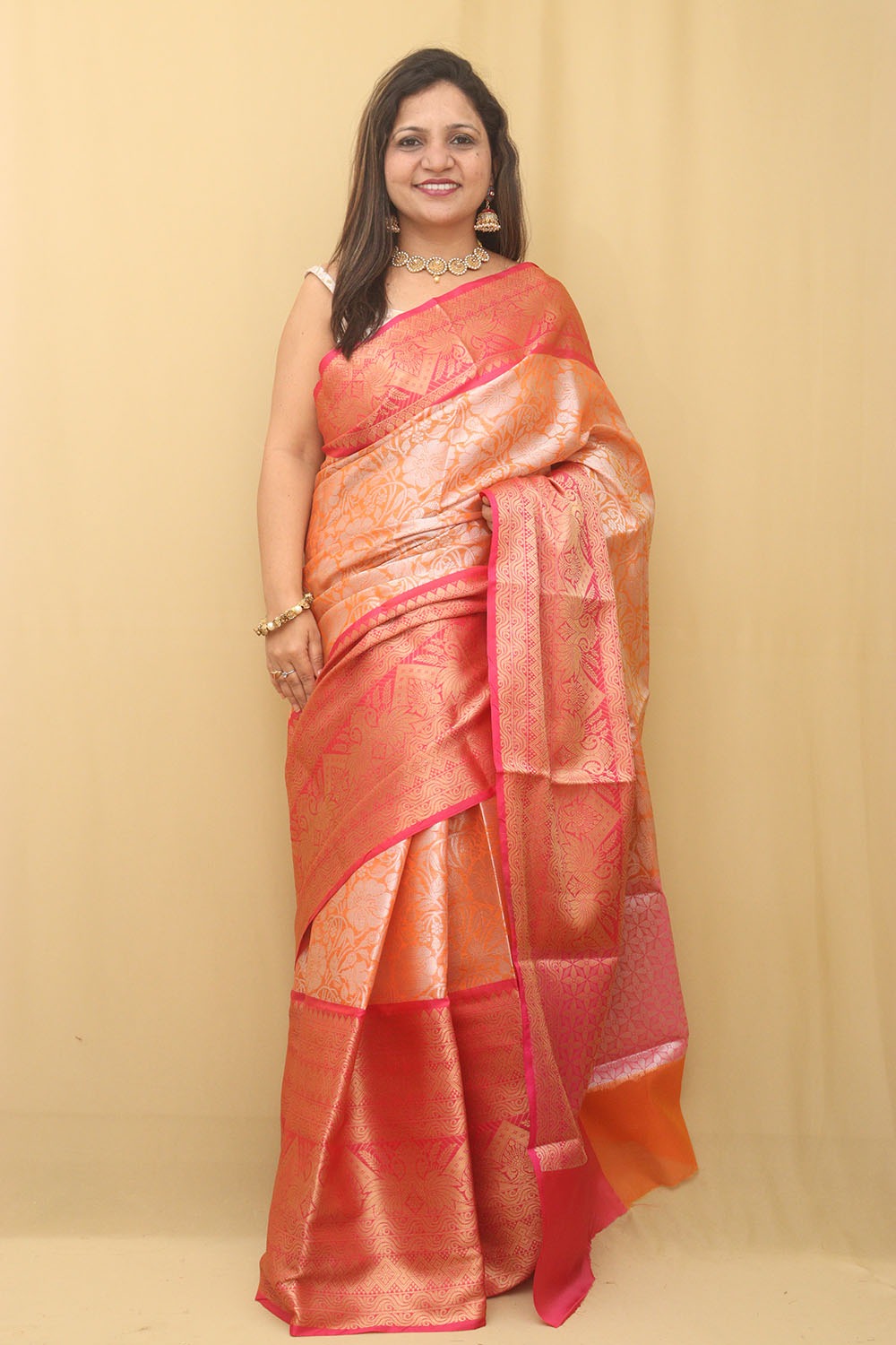 1 Min ready To Wear - Orange Kanjeevaram Silk Saree - Luxurion World