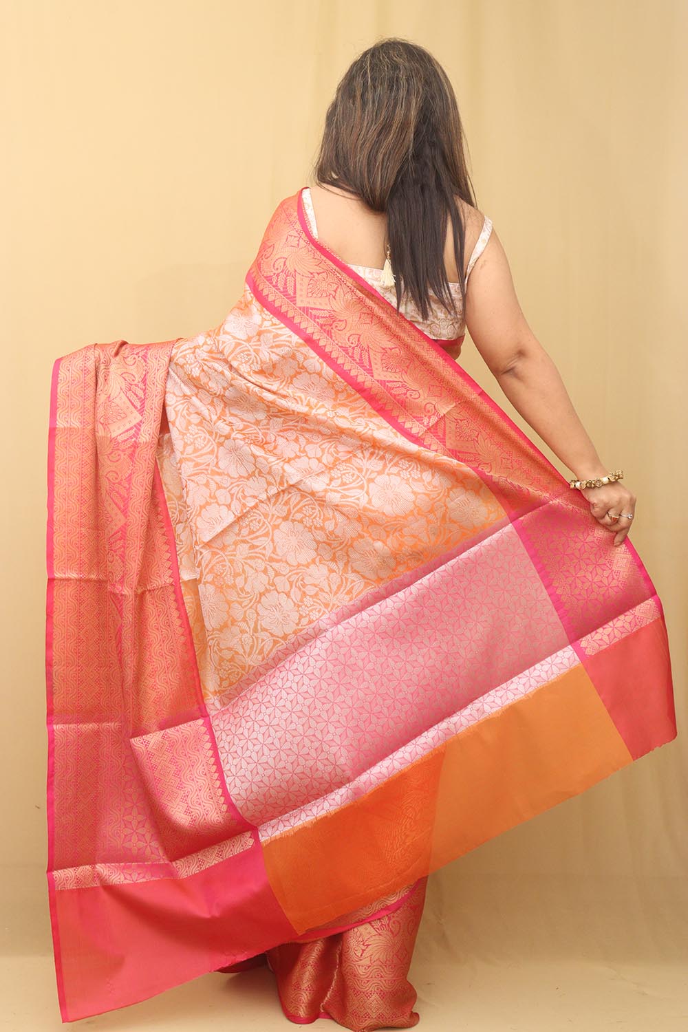 1 Min ready To Wear - Orange Kanjeevaram Silk Saree - Luxurion World