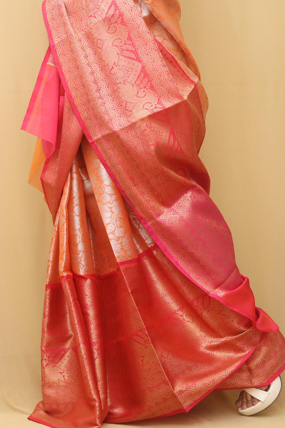 1 Min ready To Wear - Orange Kanjeevaram Silk Saree - Luxurion World