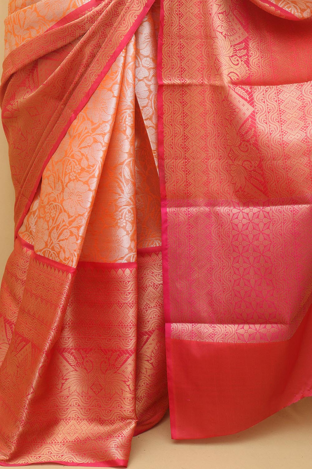 1 Min ready To Wear - Orange Kanjeevaram Silk Saree - Luxurion World