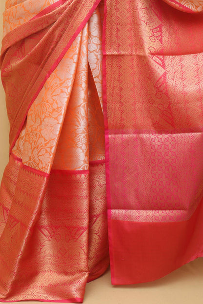 1 Min ready To Wear - Orange Kanjeevaram Silk Saree - Luxurion World