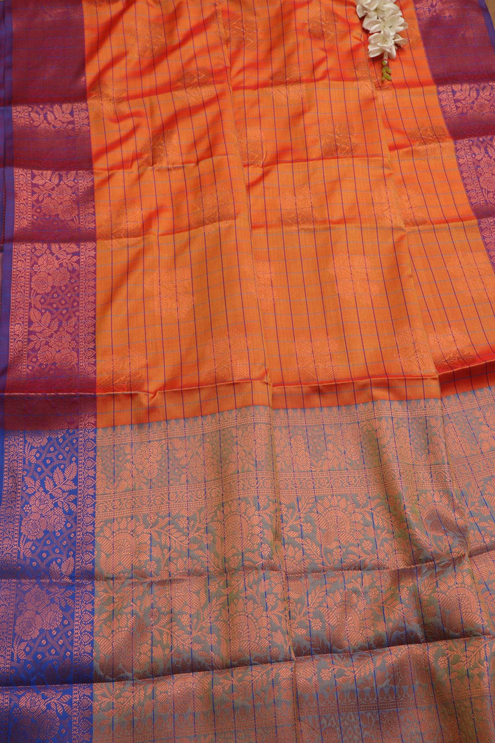 Orange Shot Kanjeevaram Silk Checks Saree - Luxurion World