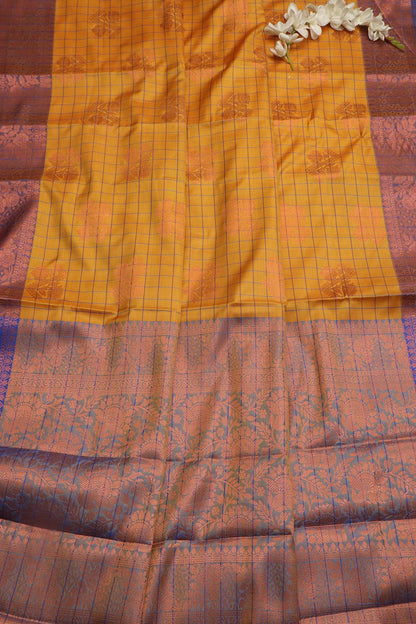 Golden Glow: Yellow Kanjeevaram Silk Checks Saree - Luxurion World