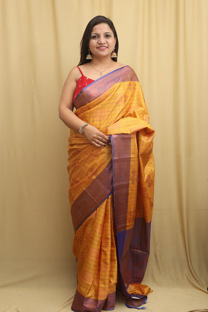 Golden Glow: Yellow Kanjeevaram Silk Checks Saree - Luxurion World