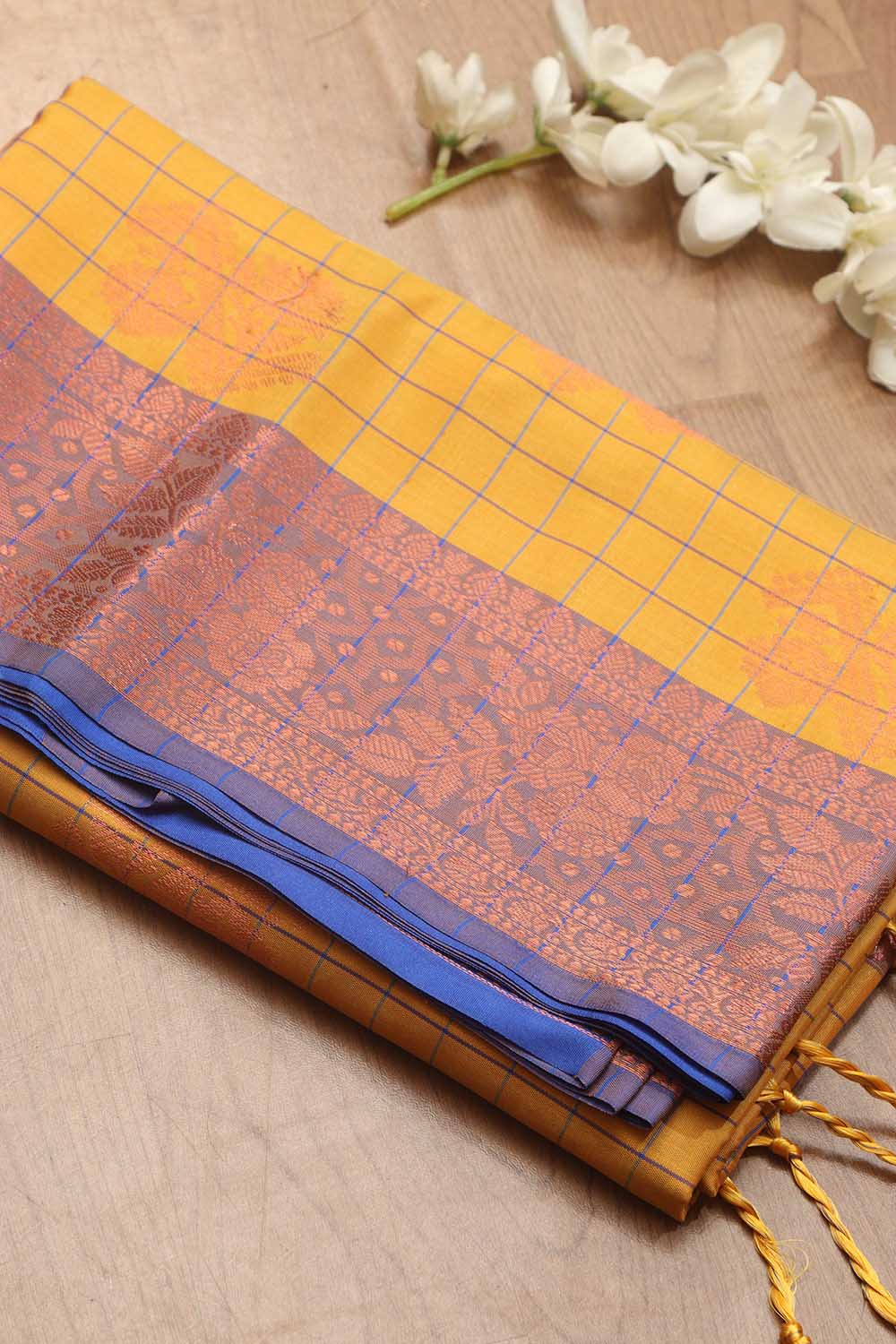 Golden Glow: Yellow Kanjeevaram Silk Checks Saree - Luxurion World