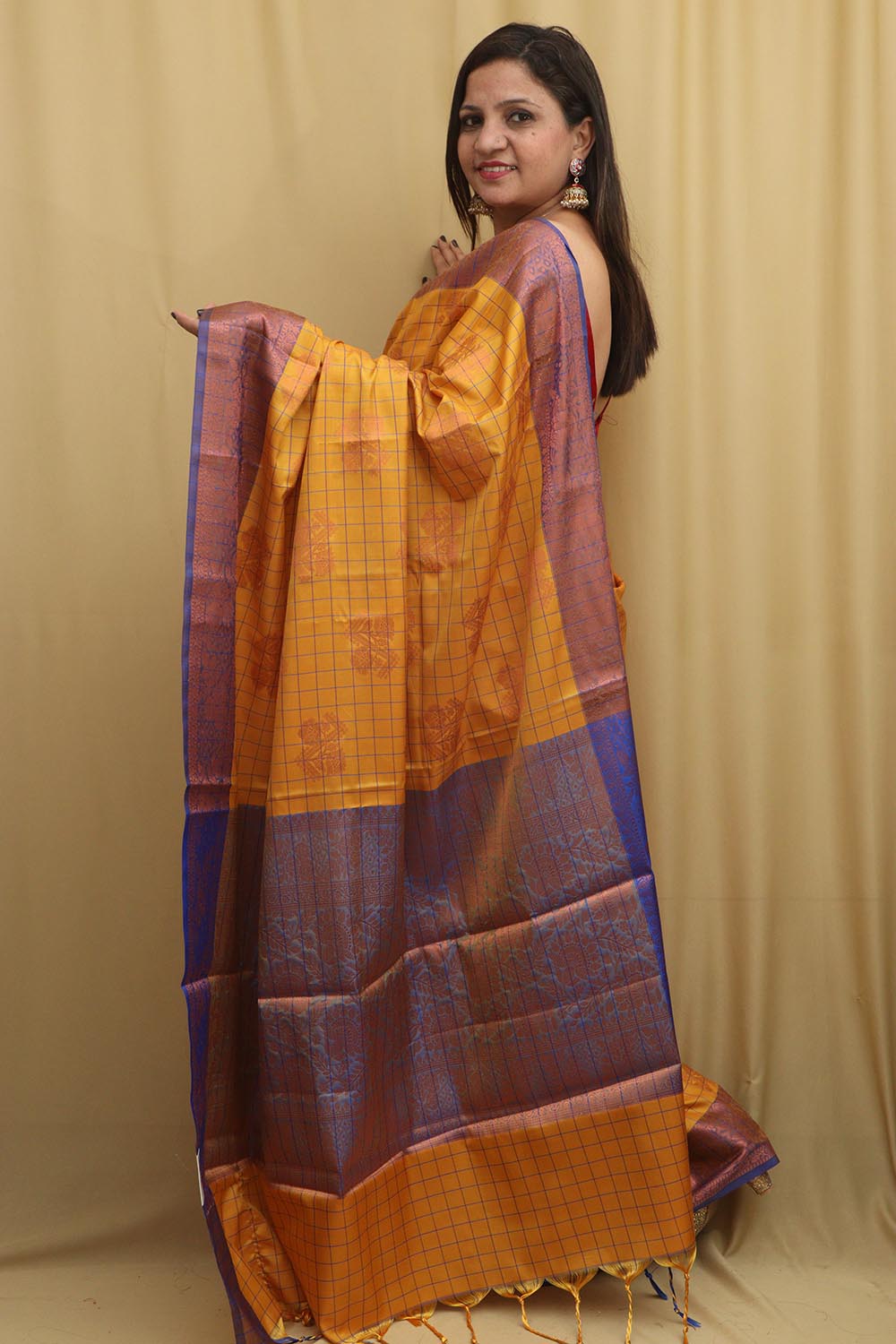 Golden Glow: Yellow Kanjeevaram Silk Checks Saree - Luxurion World