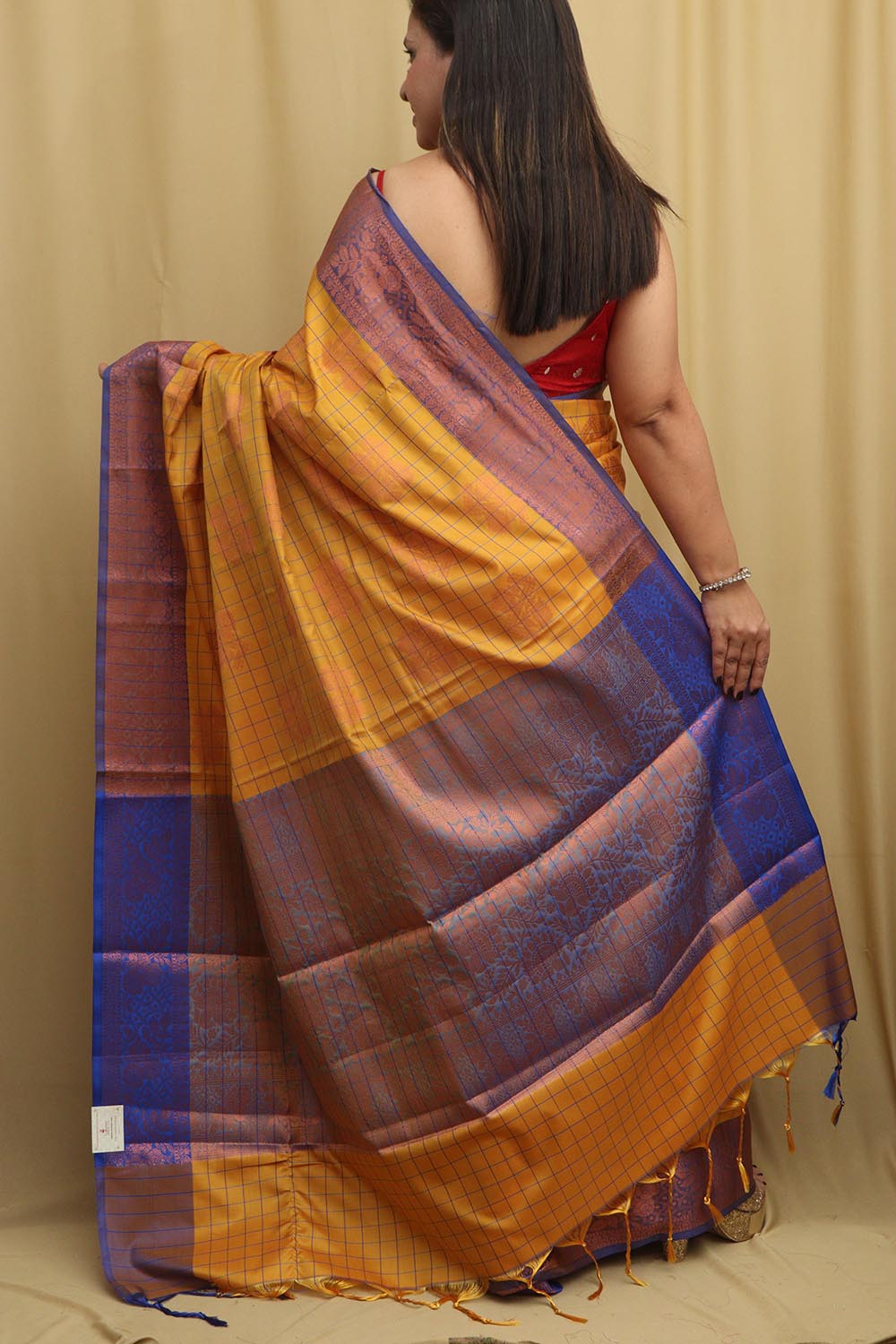 Golden Glow: Yellow Kanjeevaram Silk Checks Saree - Luxurion World