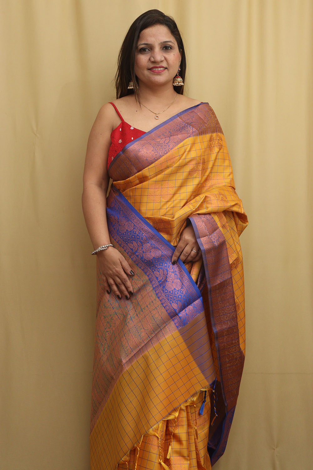 Golden Glow: Yellow Kanjeevaram Silk Checks Saree - Luxurion World