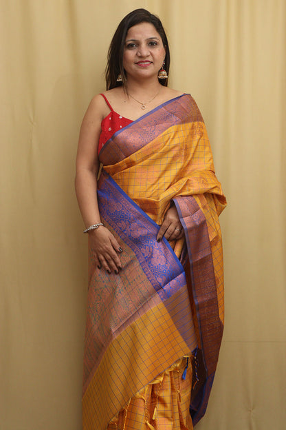 Golden Glow: Yellow Kanjeevaram Silk Checks Saree - Luxurion World
