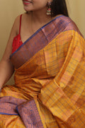 Golden Glow: Yellow Kanjeevaram Silk Checks Saree - Luxurion World